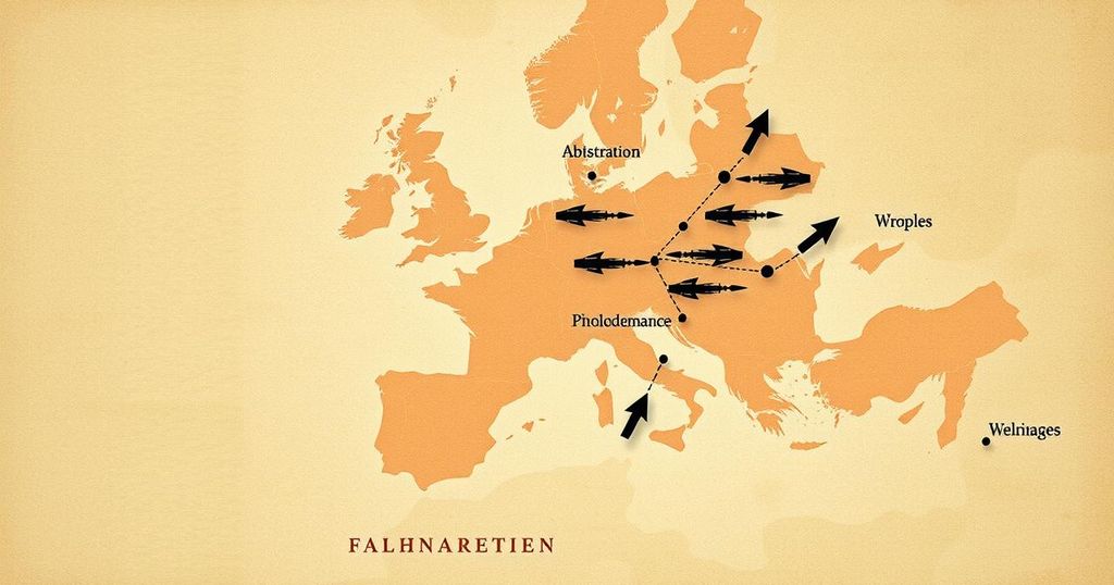 Illustration of a military strategy map highlighting regions with troop movements in soft colors.