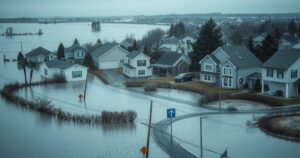 A flooded landscape with submerged homes and damaged roads, depicting the aftermath of a devastating natural disaster.