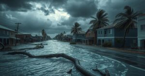 A hurricane impacts coastal towns in Mexico, showing floodwaters, debris, and stormy skies.