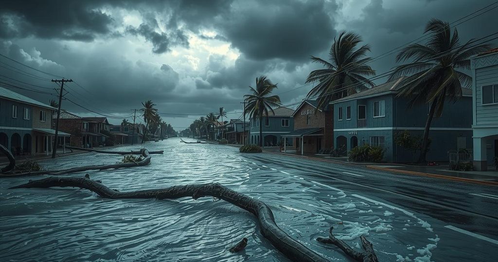 A hurricane impacts coastal towns in Mexico, showing floodwaters, debris, and stormy skies.