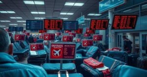 A chaotic airport scene highlighting travel restrictions and impacts on global mobility under a travel ban.