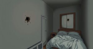 A narrow bed with bullet holes in the wall, illustrating the impact of violence in a Cape Town community.