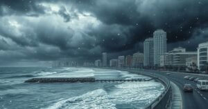 Dark clouds loom over a coastal city while hailstones fall, creating a dramatic sky and turbulent sea.