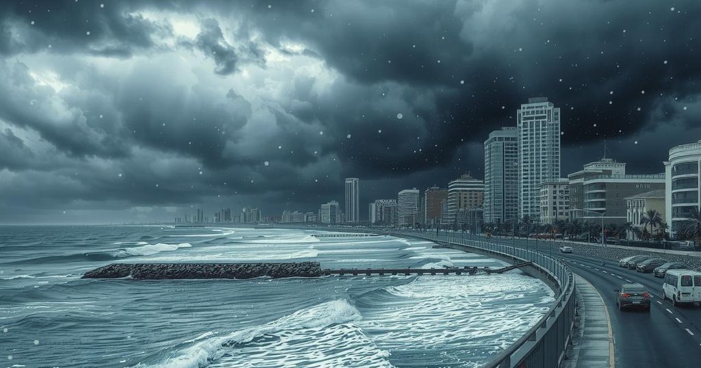 Dark clouds loom over a coastal city while hailstones fall, creating a dramatic sky and turbulent sea.