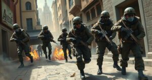 Military forces apprehending a notorious gang leader amidst urban landscapes and subdued color tones.