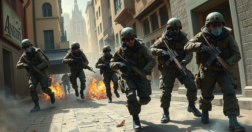 Military forces apprehending a notorious gang leader amidst urban landscapes and subdued color tones.