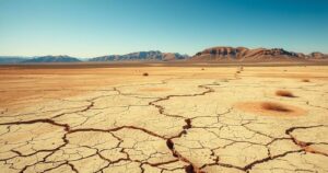A serene landscape of a vast dry steppe under a bright blue sky, capturing the essence of a heatwave.