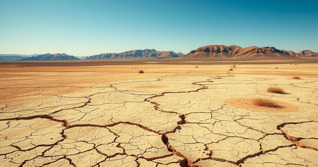 A serene landscape of a vast dry steppe under a bright blue sky, capturing the essence of a heatwave.
