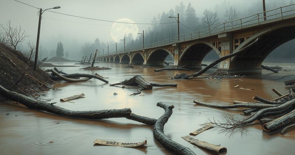 Flooded landscape with debris, broken bridges, and rising waters illustrating the impact of natural disasters.