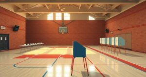 Voting at Hermitage High School on primary day in Virginia with ballot boxes and subtle colors.