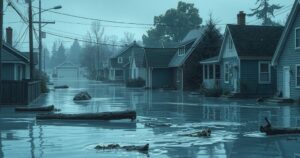 Flooded urban neighborhood with submerged homes and debris during heavy rain, showcasing the impact of torrential storms.