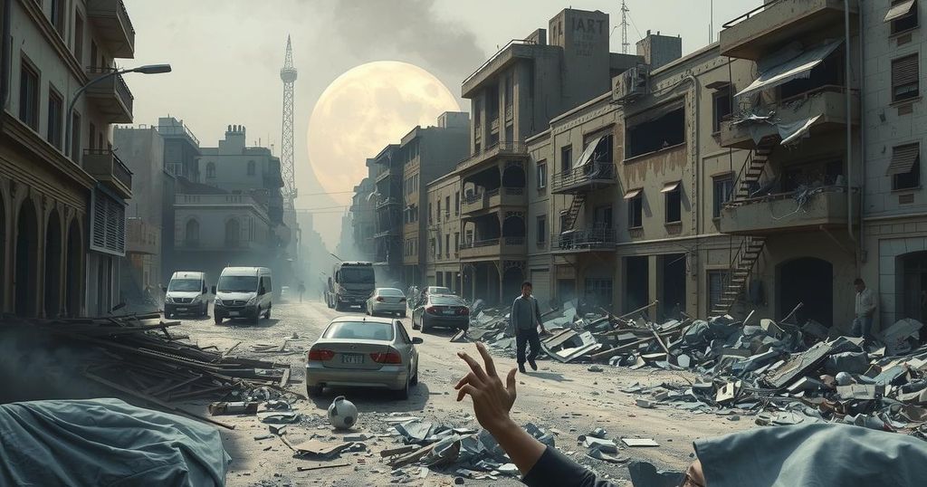 A devastated urban landscape with destroyed buildings, debris, and overturned vehicles after protests in Kenya.