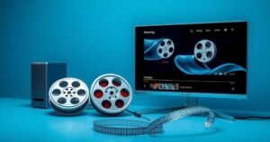 A digital representation of a cinematic scene showing film reels and a streaming interface symbolizing media content distribution.
