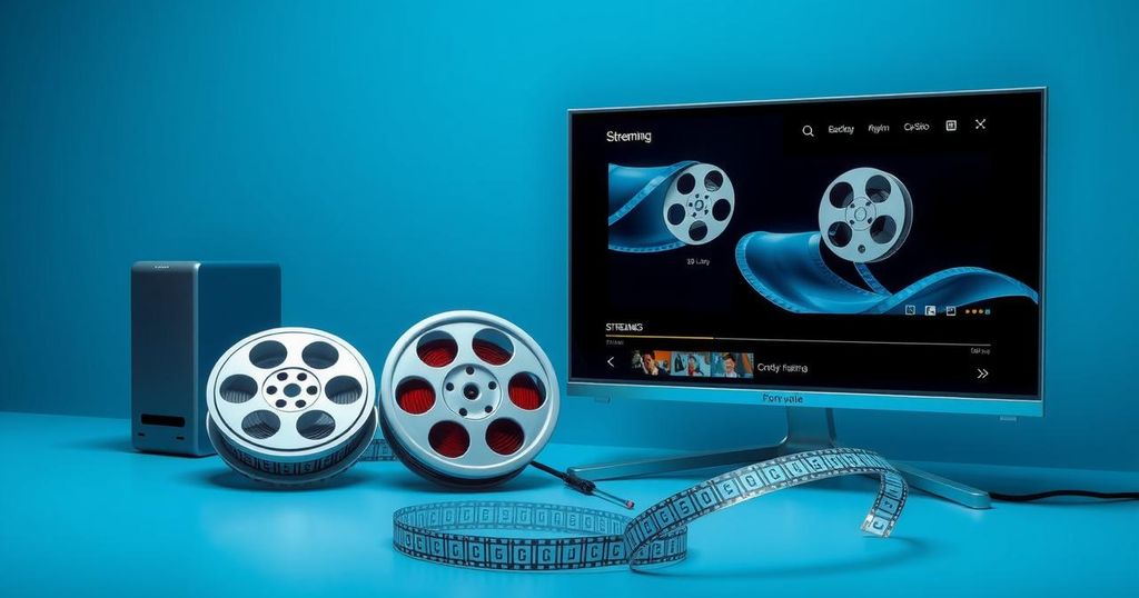A digital representation of a cinematic scene showing film reels and a streaming interface symbolizing media content distribution.