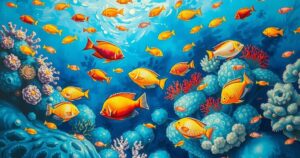 A vibrant underwater scene featuring colorful fish and coral, showcasing the beauty of aquatic life in bright colors.