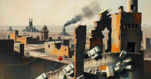 Abstract representation of a war-torn landscape in Sudan with muted colors and broken structures symbolizing conflict.