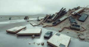 Mokwa flood aftermath: debris-filled landscape with scattered belongings and faint signs of distress in the environment.
