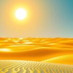 A sun-scorched Moroccan landscape reflecting intense heat with clear blue skies and a mirage effect.
