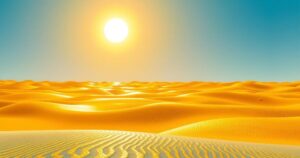 A sun-scorched Moroccan landscape reflecting intense heat with clear blue skies and a mirage effect.