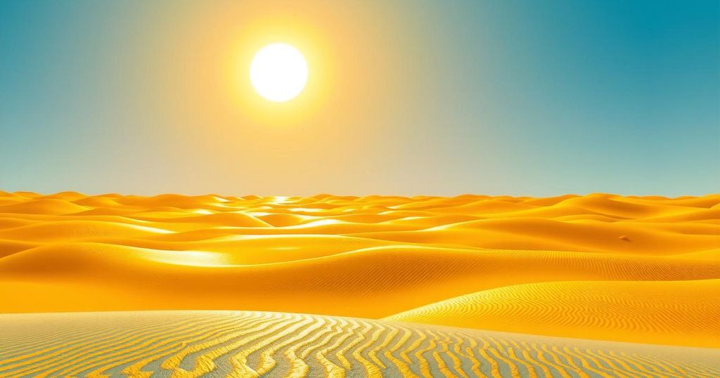 A sun-scorched Moroccan landscape reflecting intense heat with clear blue skies and a mirage effect.