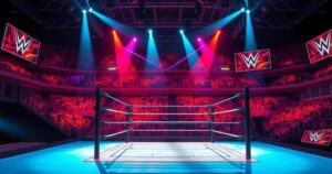 WWE event scene with WWE ring, equipment on standby, colorful spotlight effects, and an audience in the background.