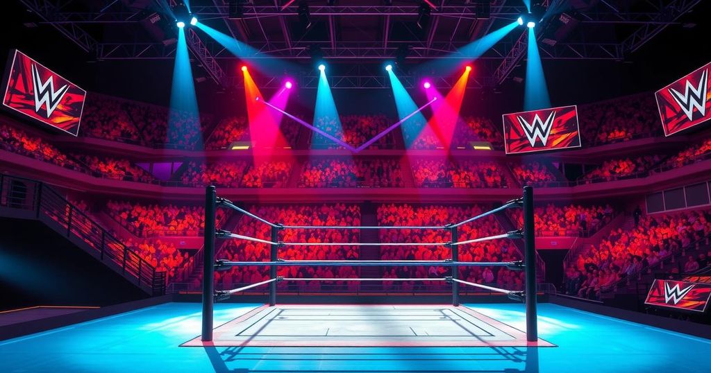 WWE event scene with WWE ring, equipment on standby, colorful spotlight effects, and an audience in the background.