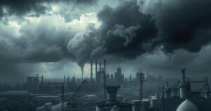 A somber landscape featuring dark storm clouds over an industrial city, symbolizing tension and political conflict.