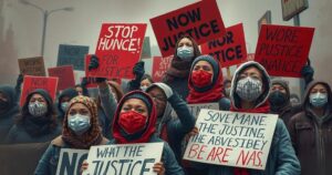 A demonstration scene with protest signs, masks, and a tense atmosphere reflecting calls for accountability and justice.