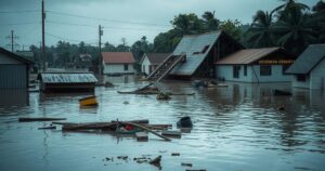 A flooded landscape in Venezuela with submerged homes and a collapsed bridge, depicting the aftermath of heavy rain.