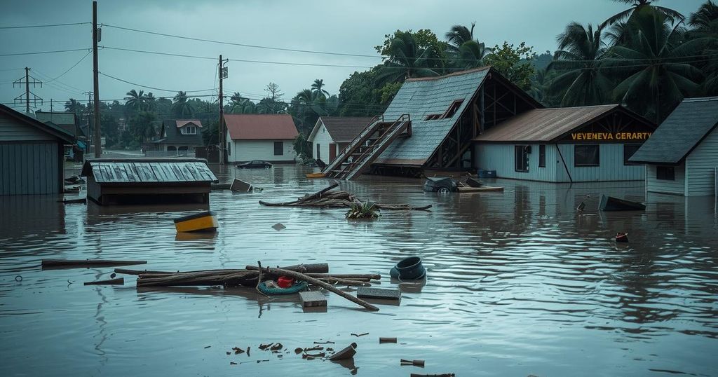 A flooded landscape in Venezuela with submerged homes and a collapsed bridge, depicting the aftermath of heavy rain.