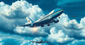 Abstract representation of Air Force One flying over clouds with military symbols and contrasting color palette.