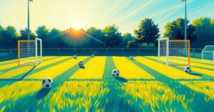 A vibrant soccer field with blue and yellow colors, showcasing balls and goal posts under a clear sky.
