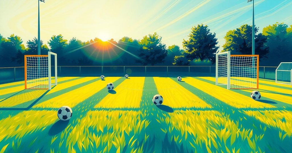 A vibrant soccer field with blue and yellow colors, showcasing balls and goal posts under a clear sky.