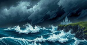 Dramatic coastal scene with dark clouds and crashing waves during a hurricane in southern Mexico.