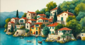 A serene Mediterranean landscape showcasing beautiful homes and vibrant greenery, symbolizing real estate.