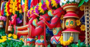 Colorful festive decorations and traditional elements showcasing Philippine culture during a celebration setting.