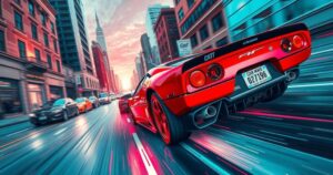 An action-packed scene featuring a high-stakes chase with dramatic cityscape and dynamic angles in a vibrant color palette.