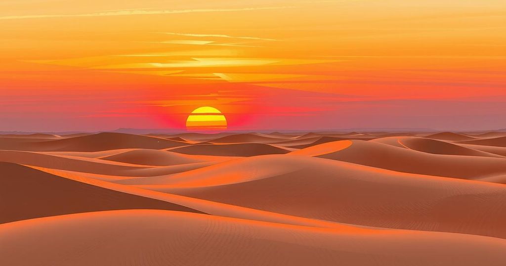 A serene landscape featuring a vast desert at sunset, with warm color tones and abstract impressionist style.