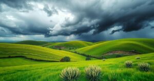 A serene landscape of lush greenery under stormy skies, capturing the essence of nature before a storm.
