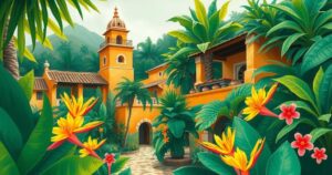 A scenic view of Brazil highlighting lush greenery, vibrant flowers, and cultural landmarks, representing a royal visit.