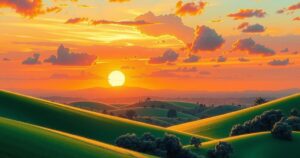 A peaceful Kenyan landscape with rolling hills and a serene sky, symbolizing hope and renewal after tragedy.