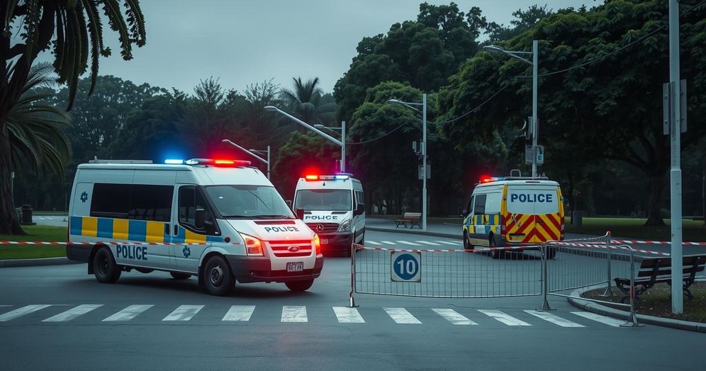 A solemn urban park scene in Bogota, with police barricades and emergency response, reflecting political tension.