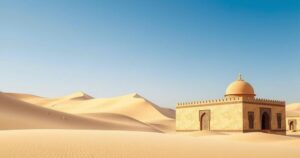 A serene desert landscape with sand dunes under a blue sky, featuring traditional Arabic architecture.