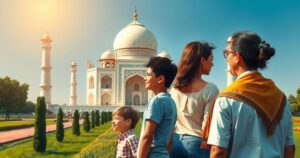 A family marvels at the Taj Mahal under blue skies, capturing the essence of a memorable trip to India.