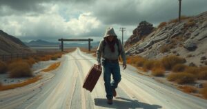 A weary traveler crossing a border with luggage on a dreary day, evoking escape and hope amidst conflict.