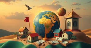 A visual representation depicting the theme of Nigerian expatriates facing challenges abroad with a collage of symbolic elements.