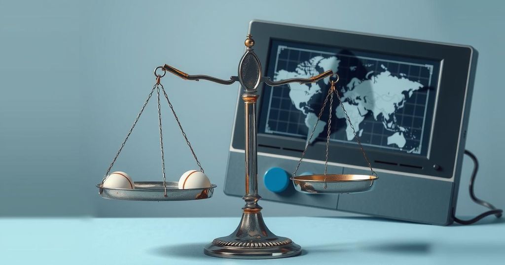 A symbolic representation of technology in democracy with a balanced weight scale and a broken electronic device background.
