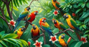 A vibrant forest scene showcasing colorful parrots perched on branches surrounded by lush greenery and flowers, celebrating biodiversity.