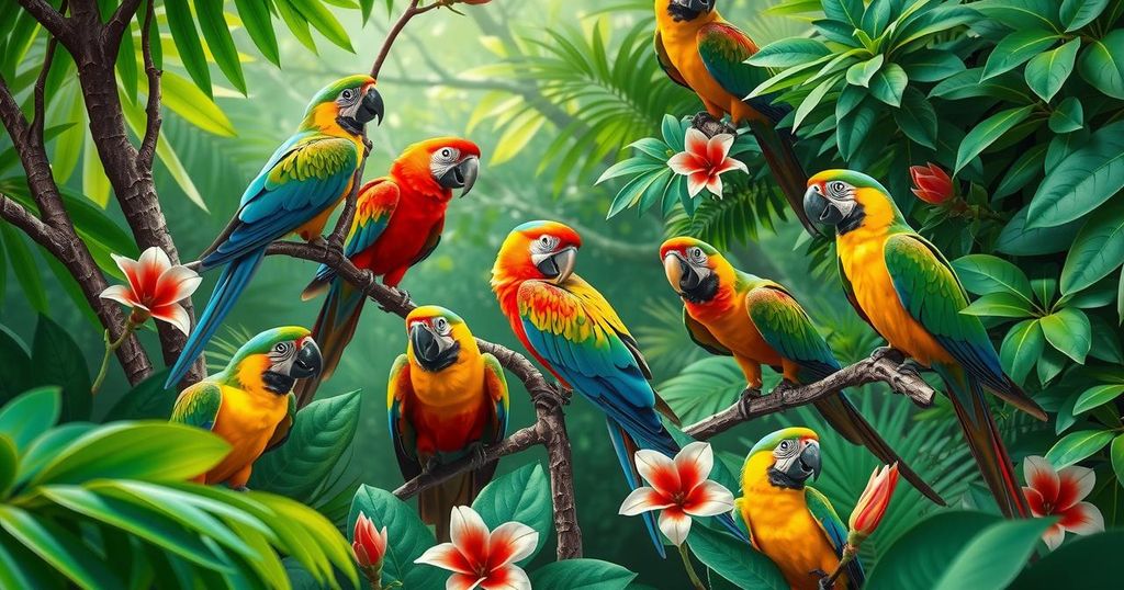 A vibrant forest scene showcasing colorful parrots perched on branches surrounded by lush greenery and flowers, celebrating biodiversity.