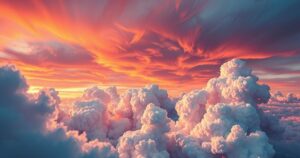 Aerial view of abstract clouds amidst a gradient sunset, symbolizing tension and conflict in a stylized format.